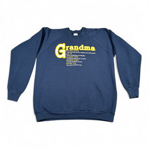 Vintage Grandma Sweater Adult LARGE Blue Quote Raglan Crew Neck USA Made 90s